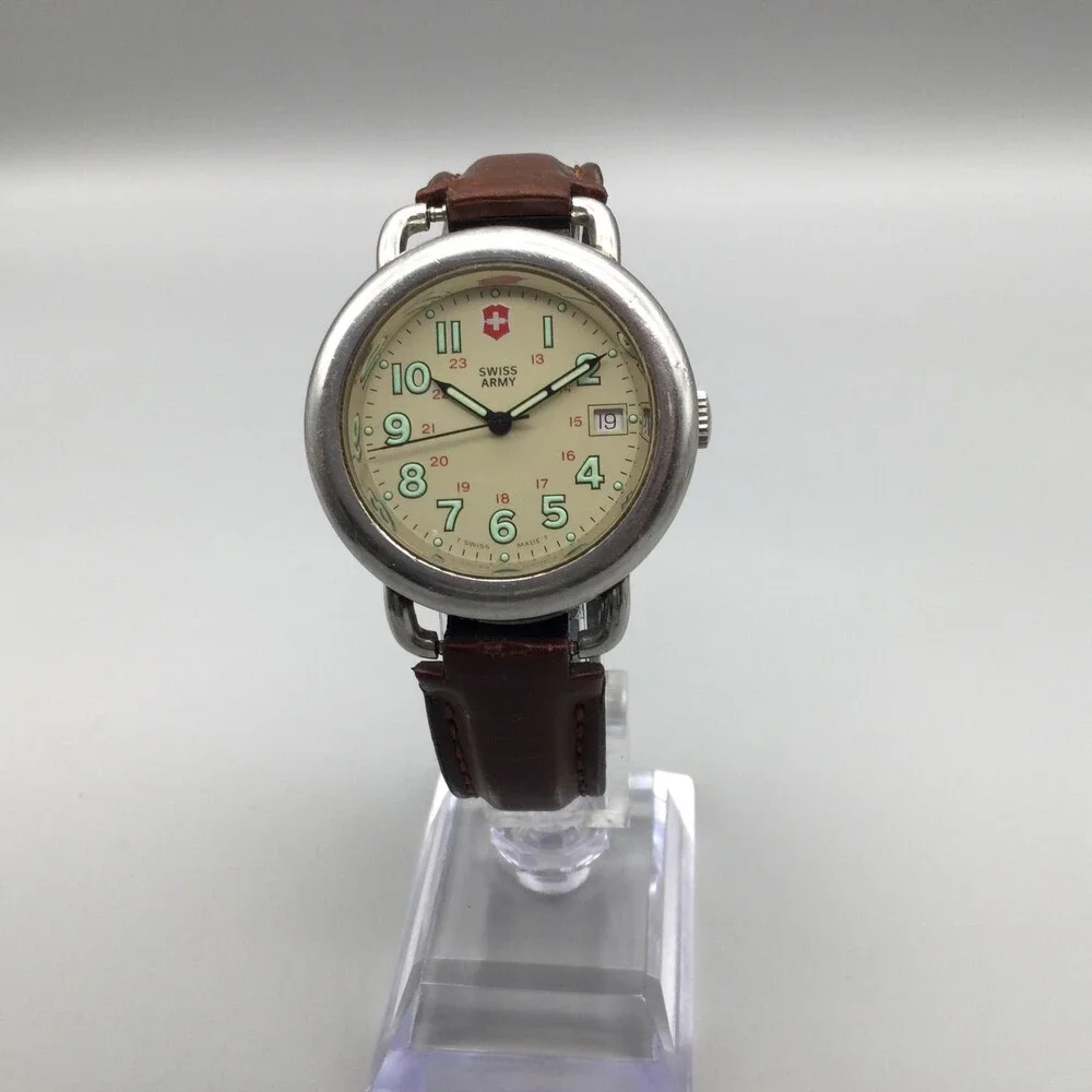 Vintage Swiss Army Mens Watch 37mm Cream Dial Brown Leather Date New Battery
